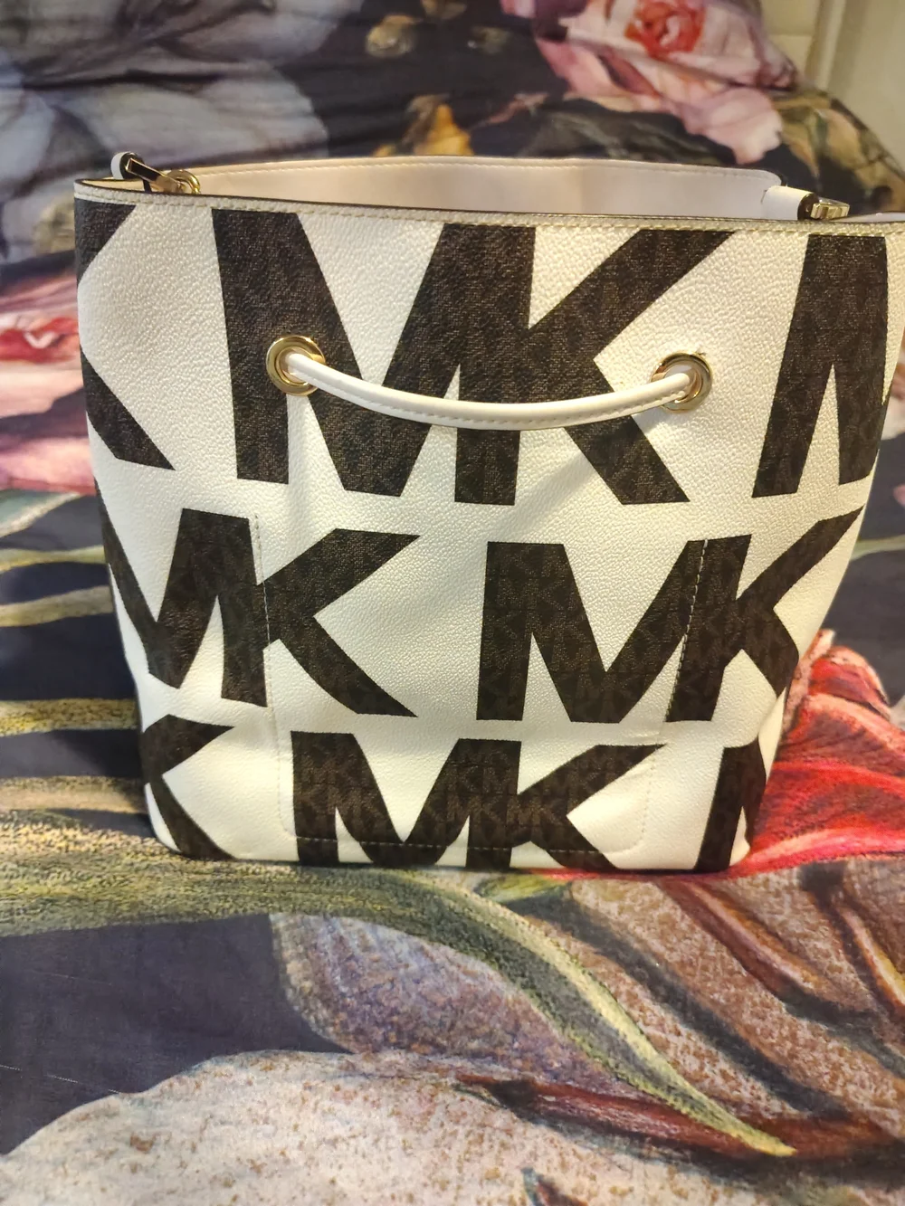 Michael Kors Black and White Logo Drawstring Shoulder Bag